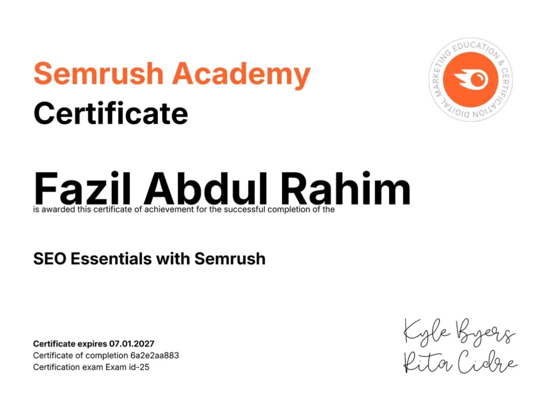 Digital marketing strategist in Calicut sumrush certificate